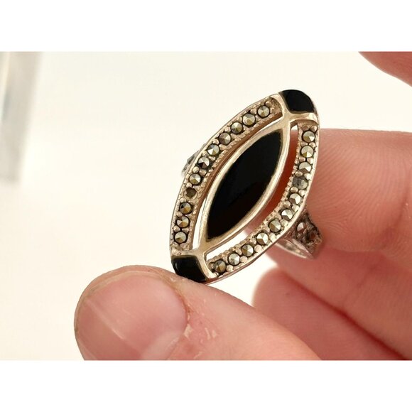 Art Deco Black Onyx & Marcasite 925 Sterling Silver Vintage Ring - sz 6.5 - Picture 3 of 12